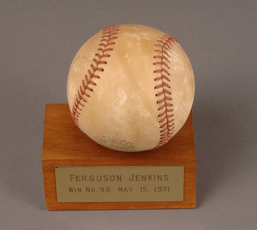 mounted baseball with plaque which reads Ferguson Jenkins, Win No. 98, May 15, 1971