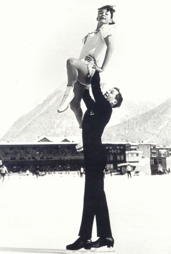photograph of Otto Jelinek lifting his sister Maria while skating