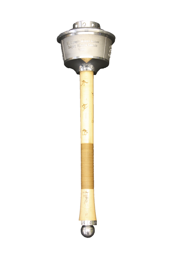 1988 Olympic Winter Games torch with metal canister on maple wood handle