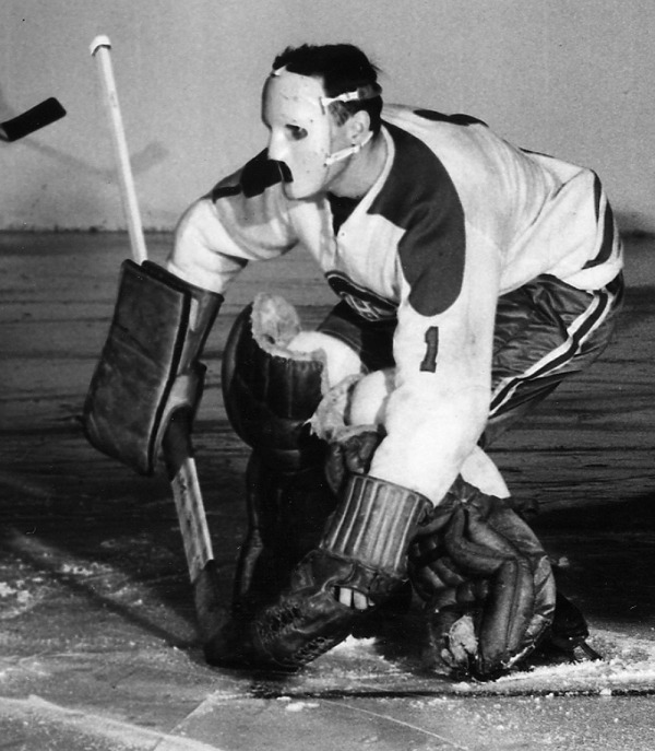 photograph of Jacques Plante wearing face mask
