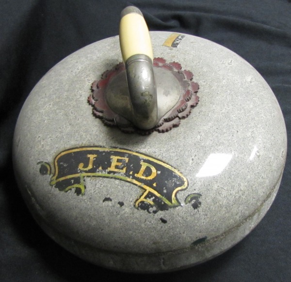 curling stone with initals JED