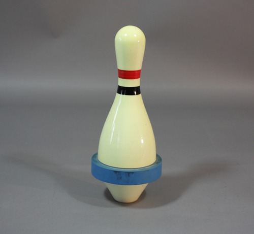 white bowling pin with blue ring