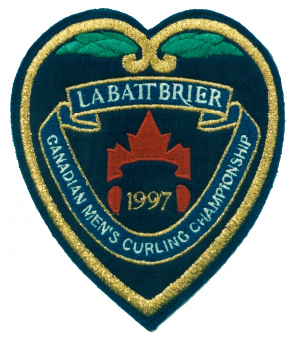 purple and gold edged heart shaped crest which reads Labatt Brier Canadian Men's Curling Championship 1997